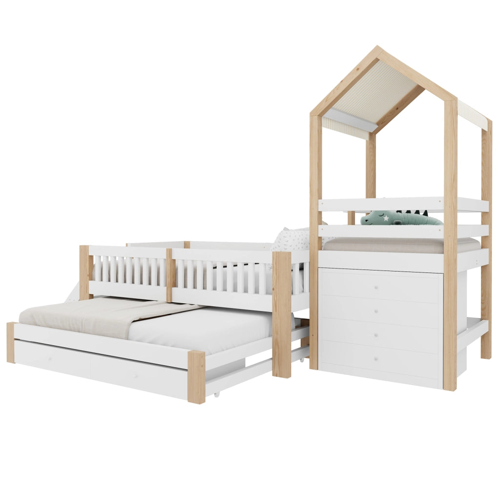 Letto per bambini a casetta 90 × 200 cm con letto estraibile 90 × 190 cm, cassetti e scaletta, senza materasso