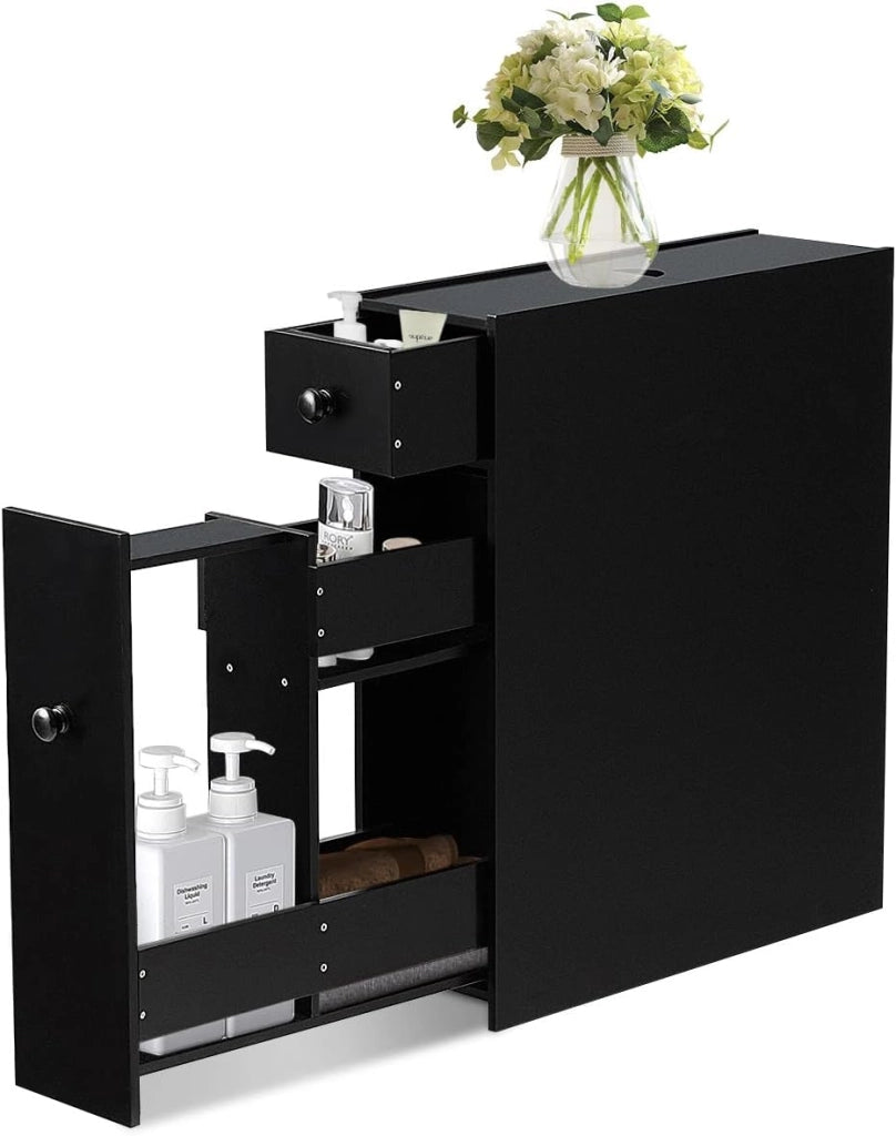 Mobiletto Bagno Sottile, Armadietto per Gabinetto da Terra, Legno, con Cassetti Scorrevoli, Multiuso e Salvaspazio, 16 x 48 x 58 cm (nero)