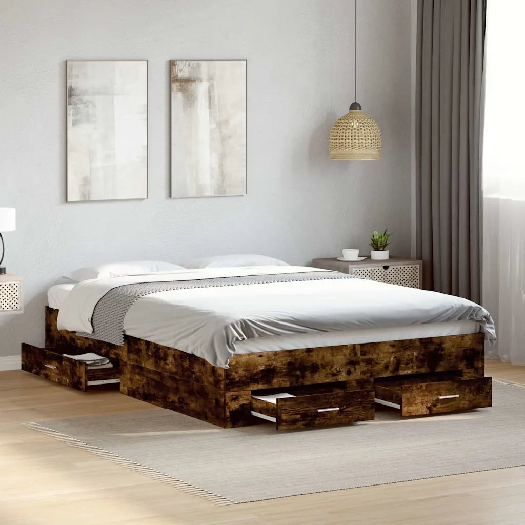 Letto matrimoniale | Letto per adulti | Giroletto con Cassetti Rovere Fumo 135x190 cm Legno Multistrato