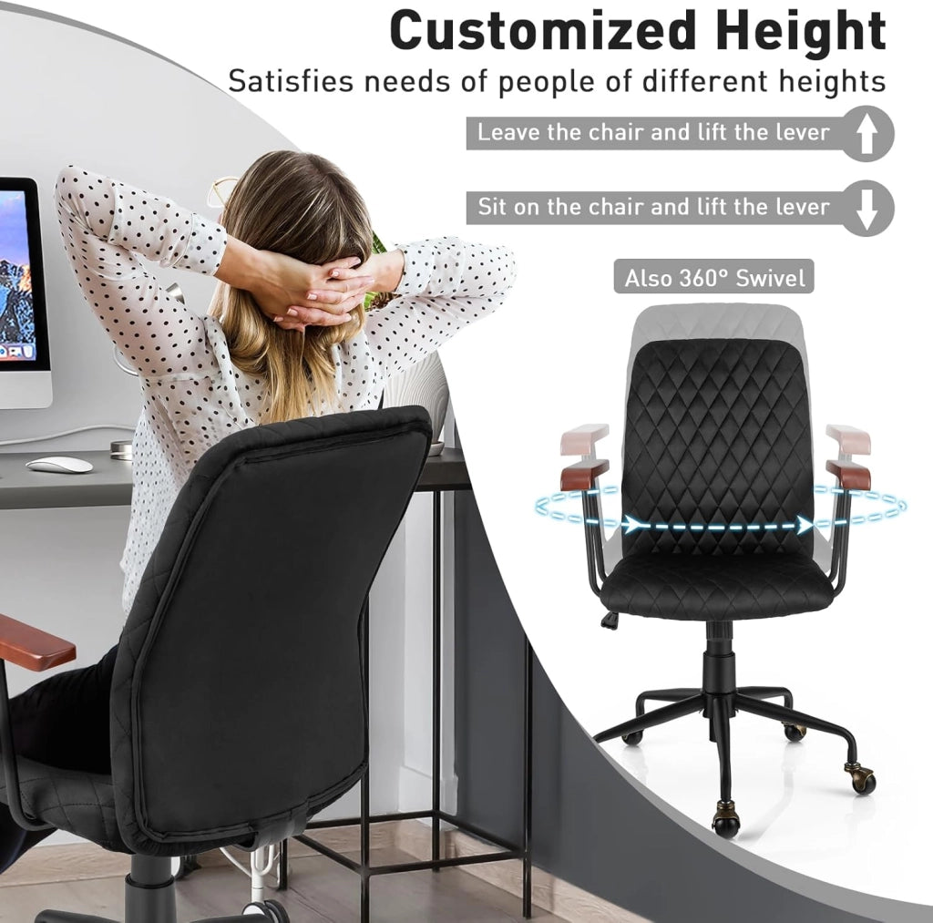 Poltrona da ufficio retrò in velluto regolabile in altezza con ruote, sedia da ufficio ergonomica con seduta imbottita e braccioli in legno di gomma, stile vintage, carico 150 kg