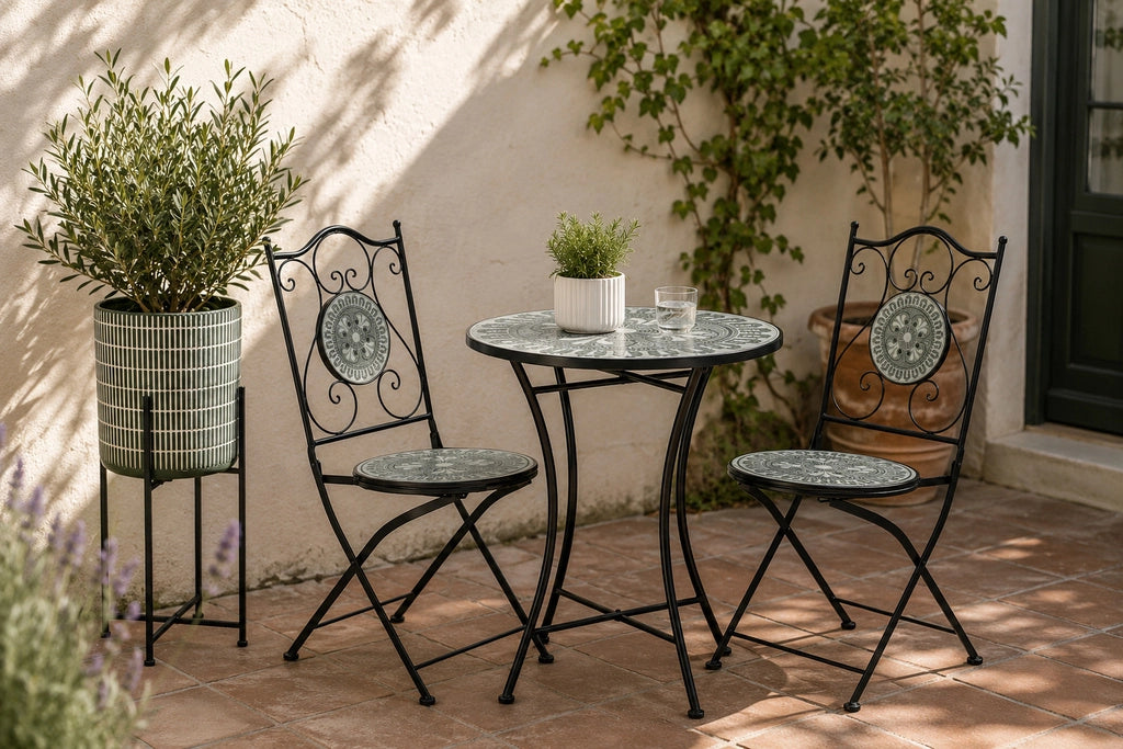 Set tavolo e 2 sedie in metallo, 60x60x75h cm, 38x46x90h cm