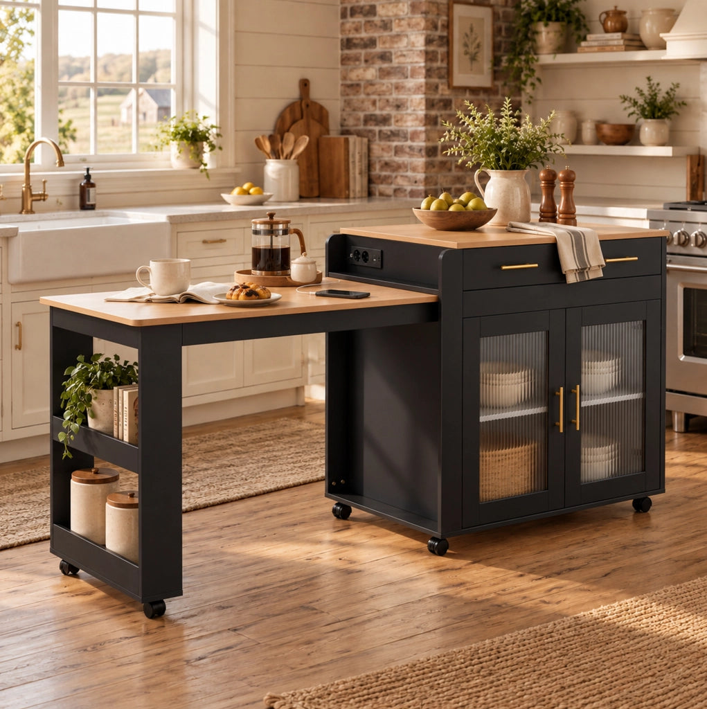 Isola da cucina con piano estraibile 116/177 cm; prese EU e porte USB; nero