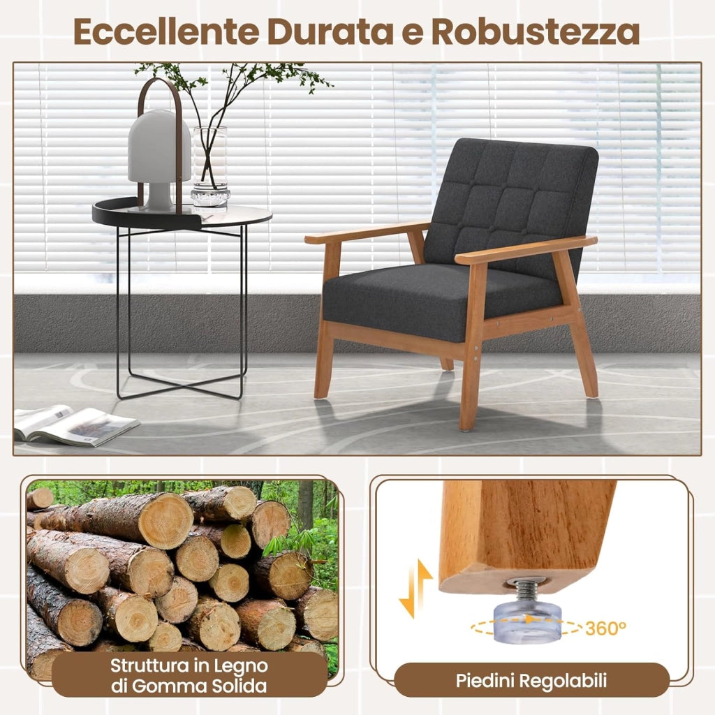 Poltrona Moderna, Sedia con Braccioli Imbottita e Rivestita in Lino Traspirante, Telaio in Legno Massiccio di Gomma, Sedia Divano Imbottita per Soggiorno, Camera da Letto, Studio