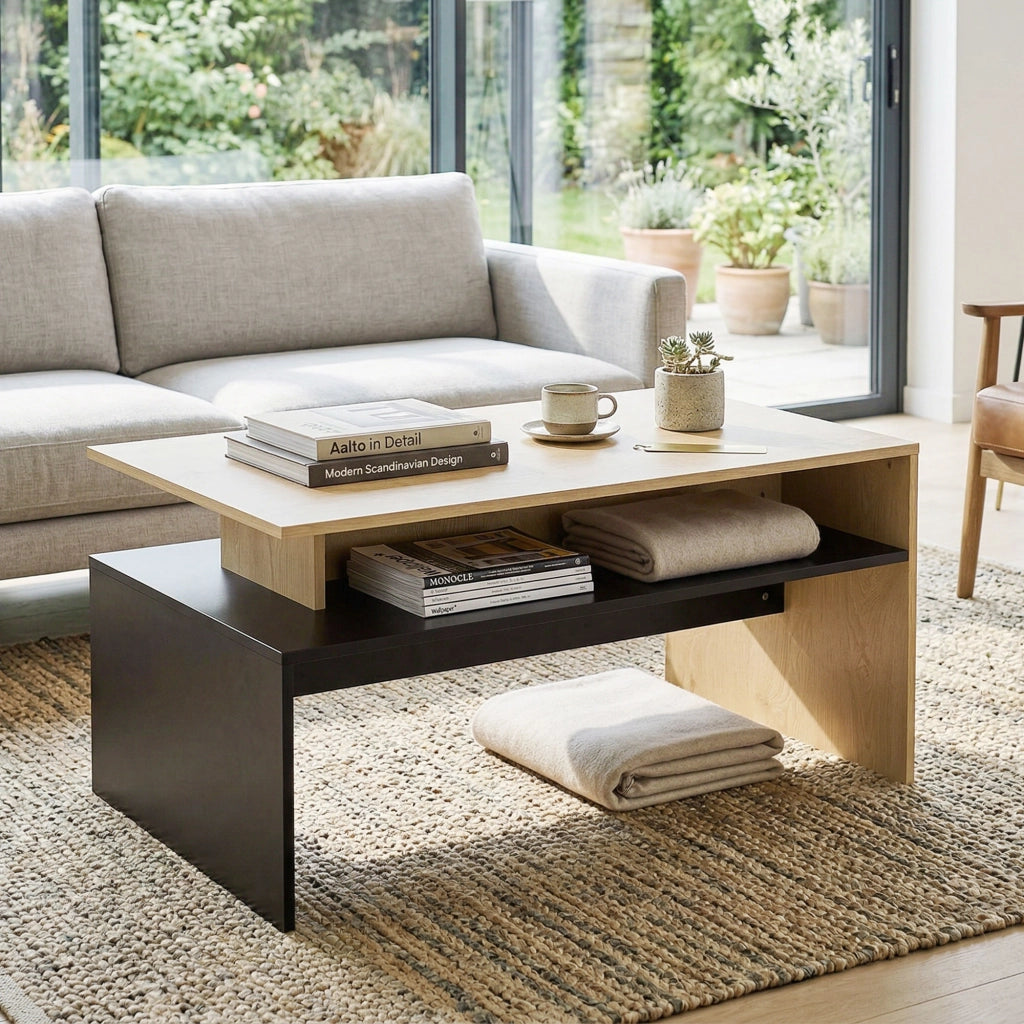 Tavolino da caff¨¨ moderno bicolore a livelli ¨C zephmum ¨C 95x55x50 cm legno naturale e nero