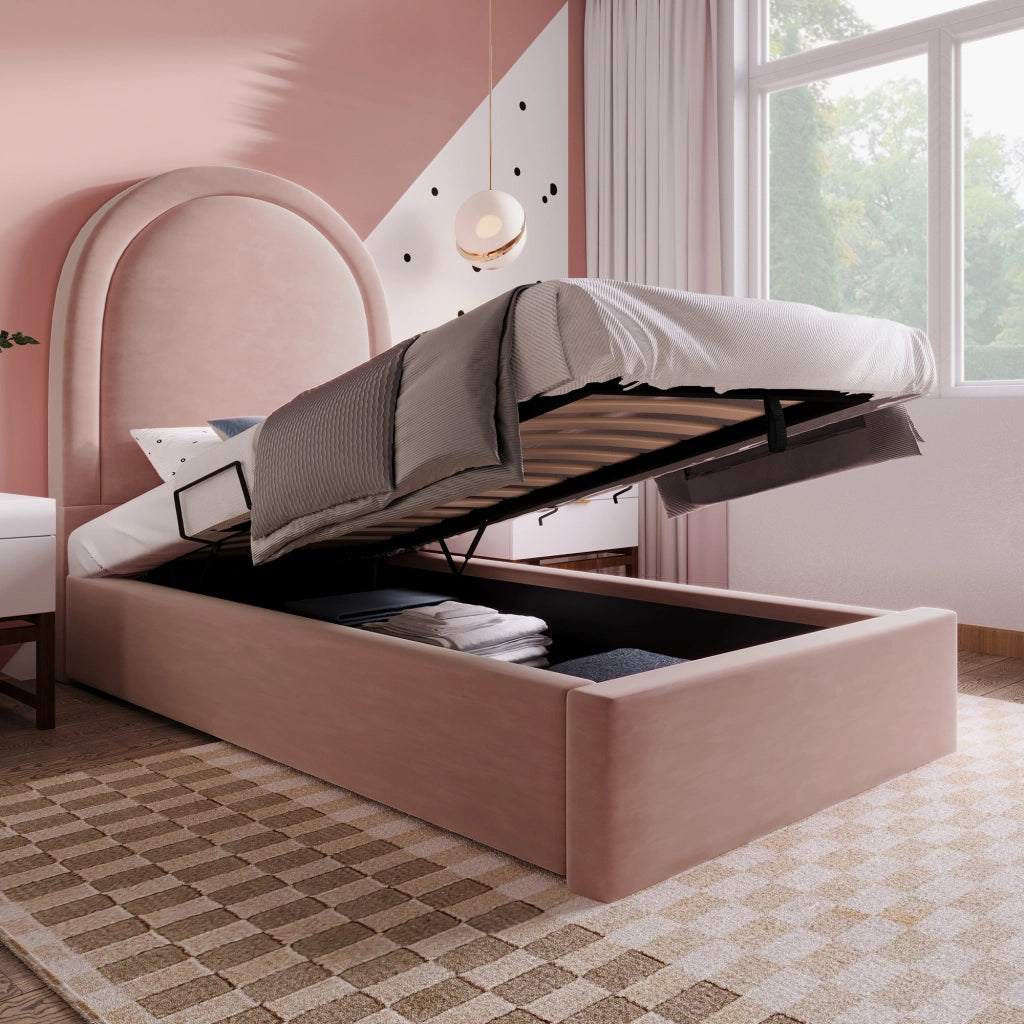 Letto Contenitore Singolo 90 × 190 cm con Vano Contenitore; senza Materasso; Velluto Rosa