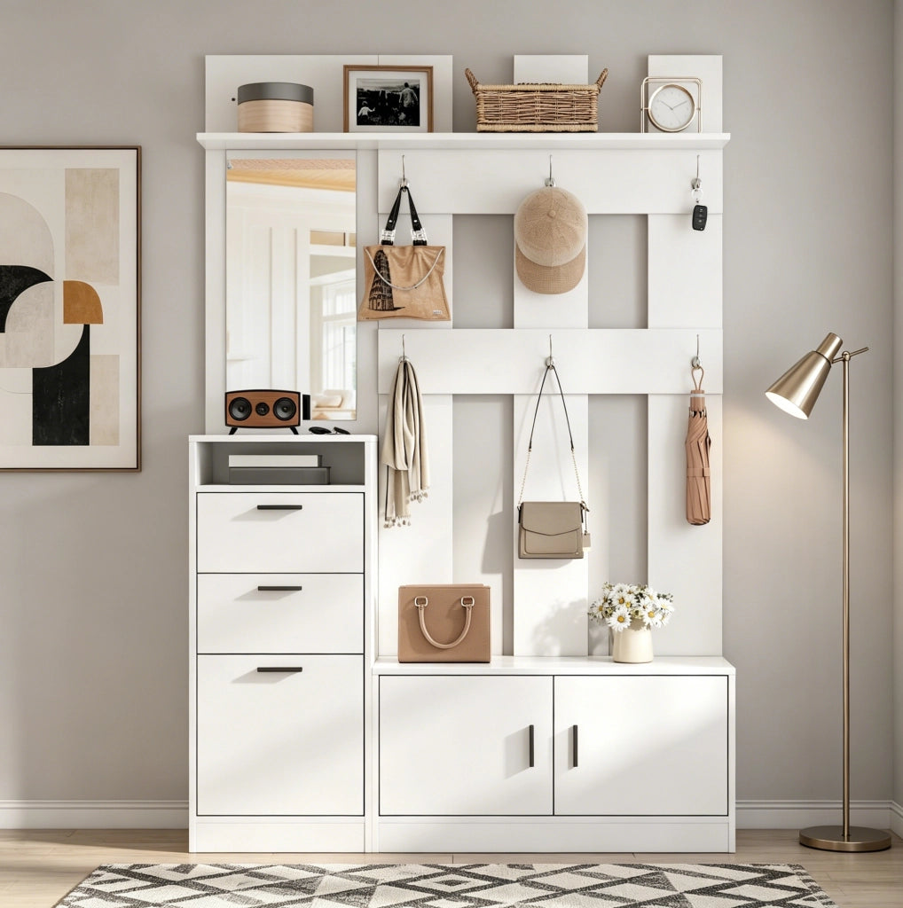 Mobile ingresso 120x30x180 cm con specchio; scarpiera e panca in MDF bianco
