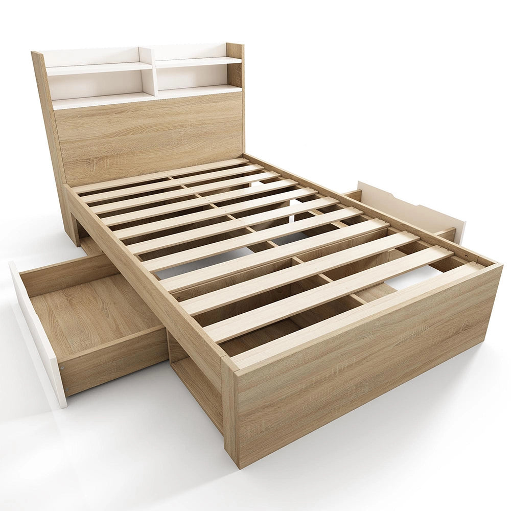 Letto legno-Xylo-90x200cm bianco/rovere 2 tiroir ripiani senza materasso