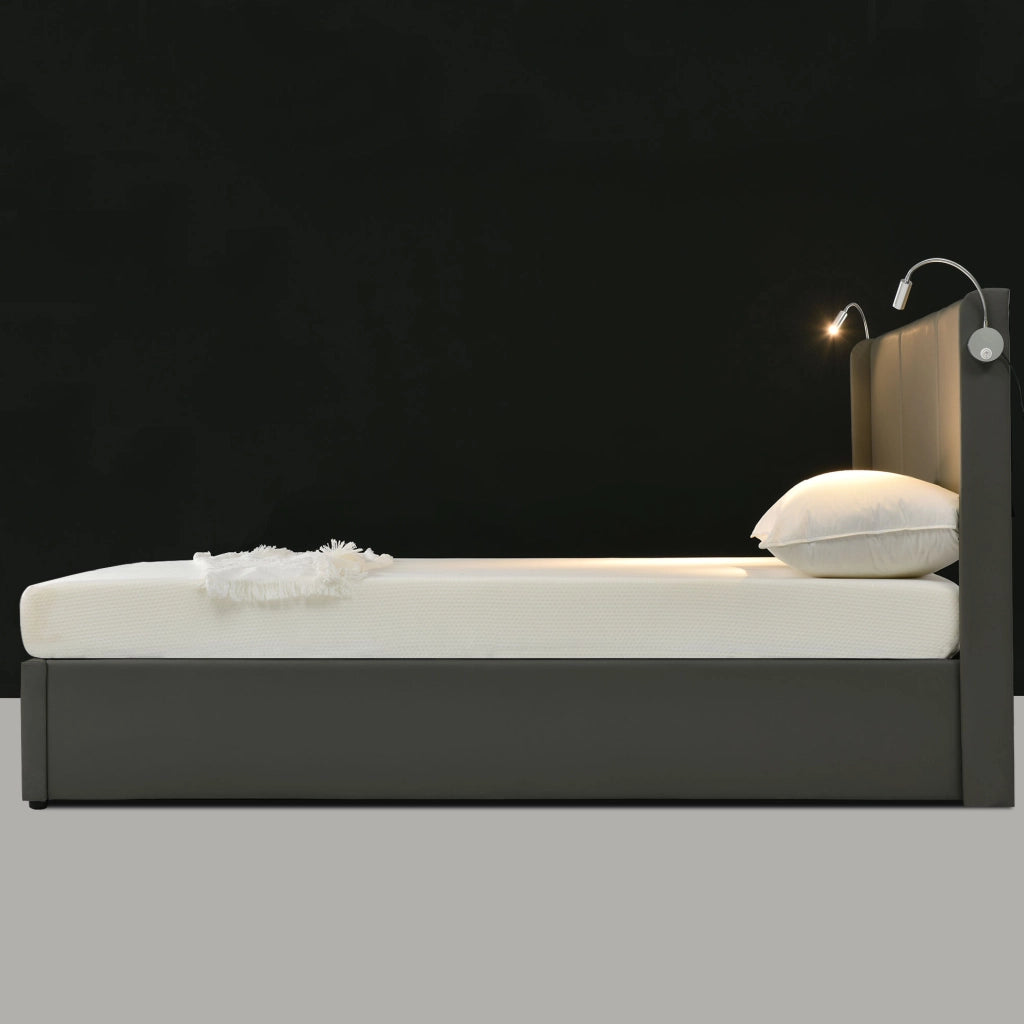 Letto matrimoniale imbottito con contenitore, luce di lettura e ricarica USB