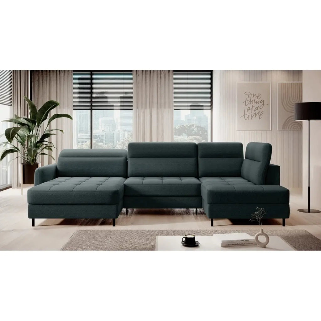Divano angolare convertibile BERTHO 306 cm verde scuro – Angolo sinistro con contenitore