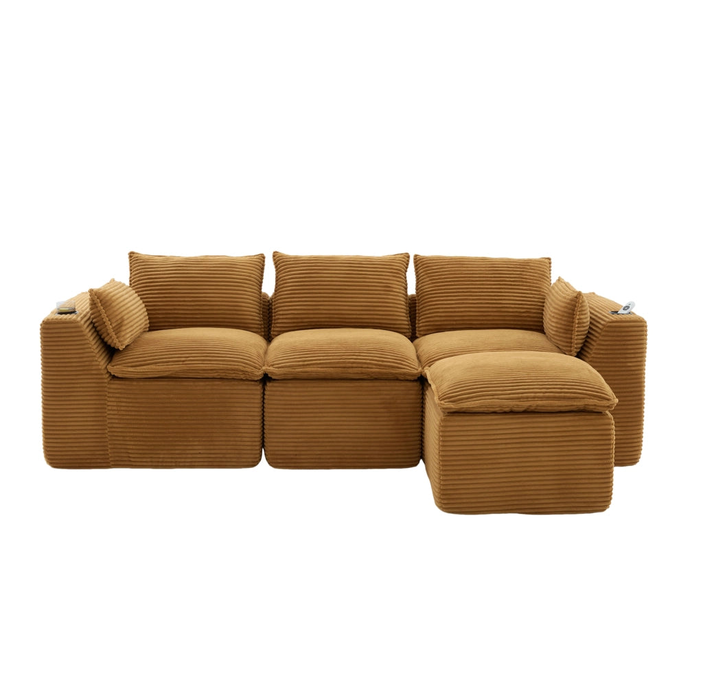 Divano modulare componibile con pouf; corduroy arancione