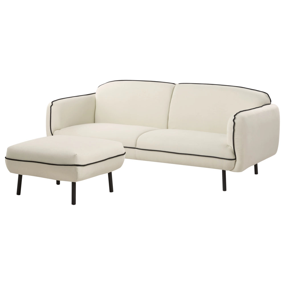 Divano a 3 posti con ottomana Tessuto beige chiaro Morbide gambe in metallo nodoso Bordi decorativi neri Stile arte decorativa retro glam