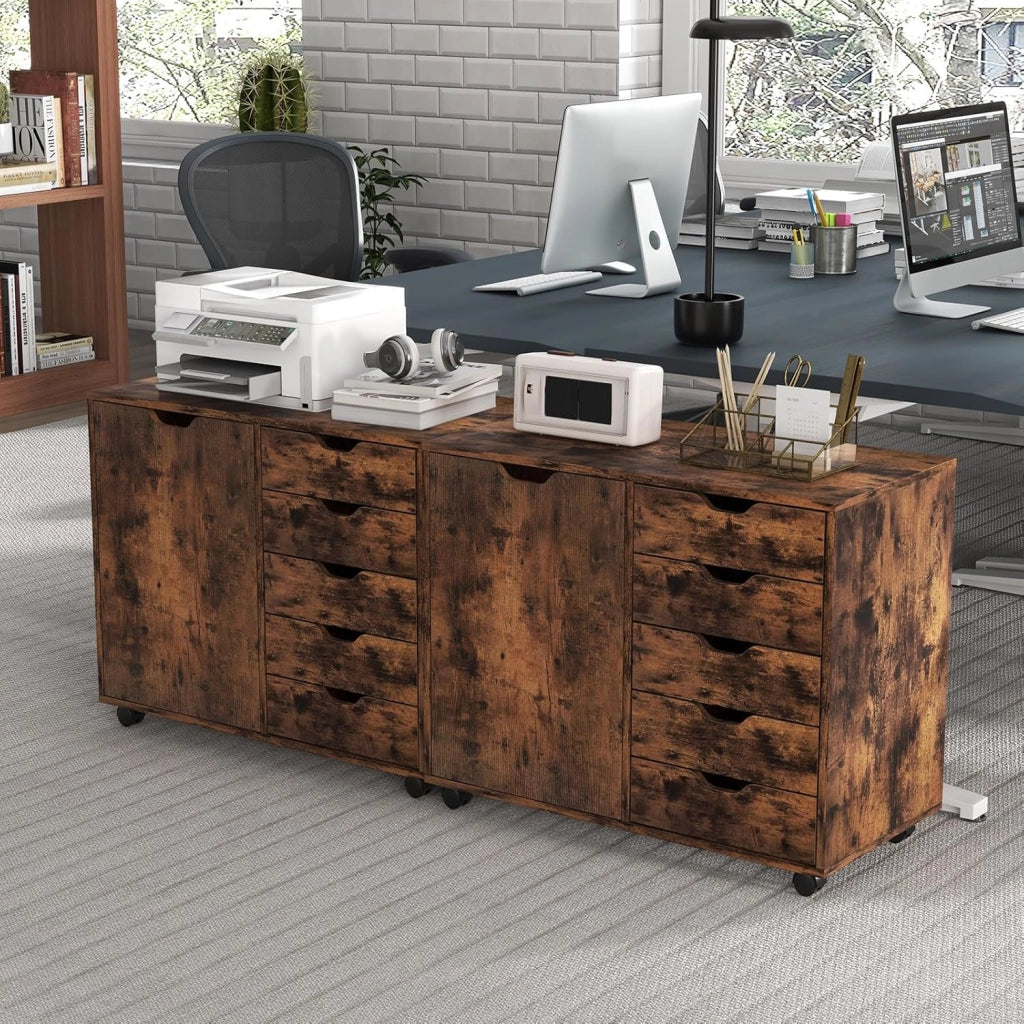 Cassettiera Ufficio con 5 Cassetti, Schedario Portadocumenti con Ruote Universali e Ripaini Regolabili, Mobile Porta Stampante in Legno per Studio, Camera da Letto, 79x39x65 cm (Marrone)