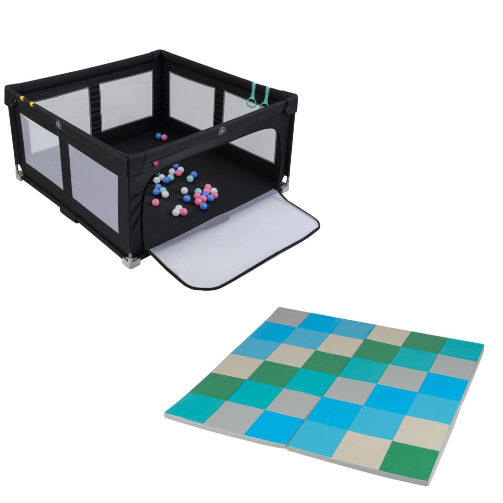 Box pieghevole per bambini e tappetini da gioco set 2 pz, Recinto per bambini e tappetino attivit¨¤ patchwork per bambini Blu