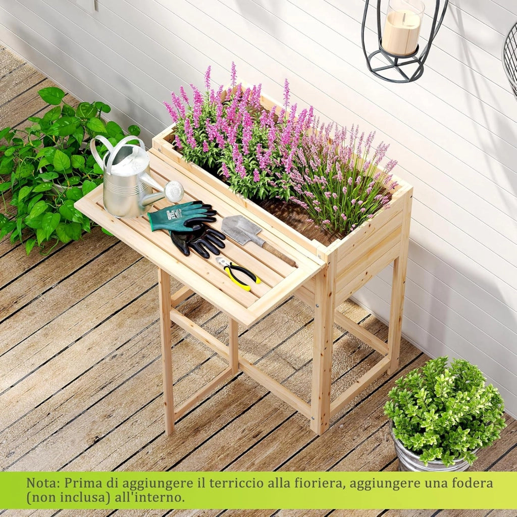 Letto da Giardino Rialzato, Orto Rialzato in Legno con Gampe, Tavolino Laterale Pieghevole e Drenaggio, Fioriera da Esterno per Fiori, Verdure e Frutta, 63 x 67 x 74 cm