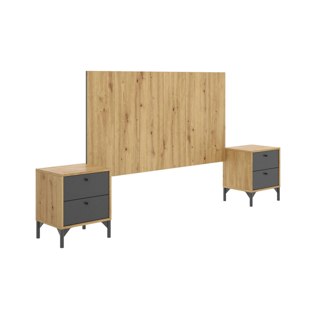 Testiera letto Alaca, Spalliera letto per camera matrimoniale, Testata letto matrimoniale con 2 comodini, 244x37h127 cm, Rovere e Antracite