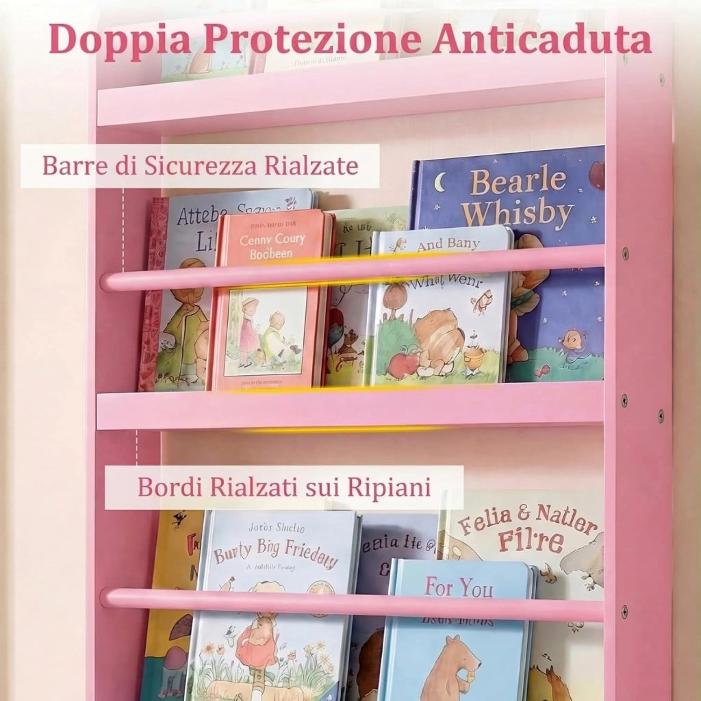 Libreria da Parete per Bambini, Scaffale Portaoggetti a 4 Livelli con Barre di Protezione e Bordi Rialzati, Libreria Salvaspazio per Cameretta per Bambini 3+ Anni, 56 x 12 x 107 cm (Rosa)