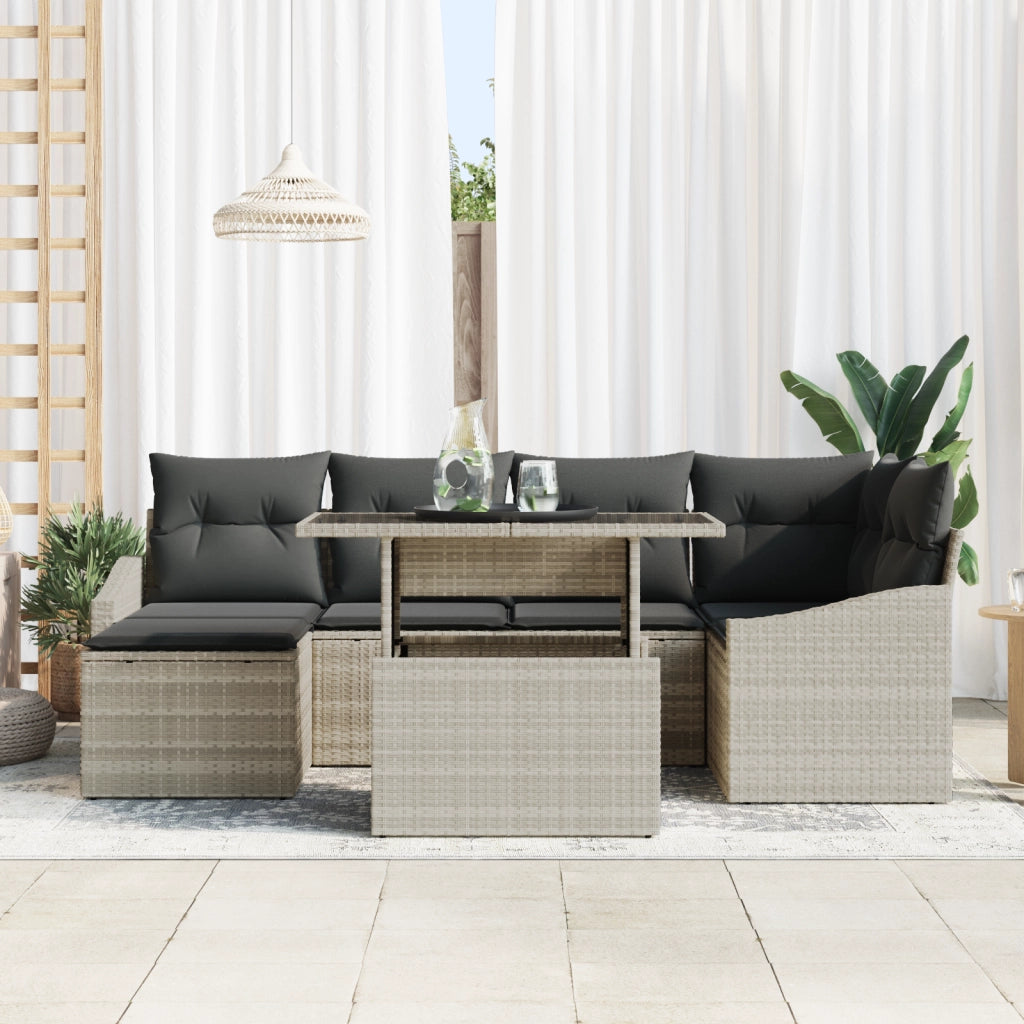 Set Divano da Giardino 7 Pezzi con Cuscini Grigio Chiaro in Rattan Sintetico