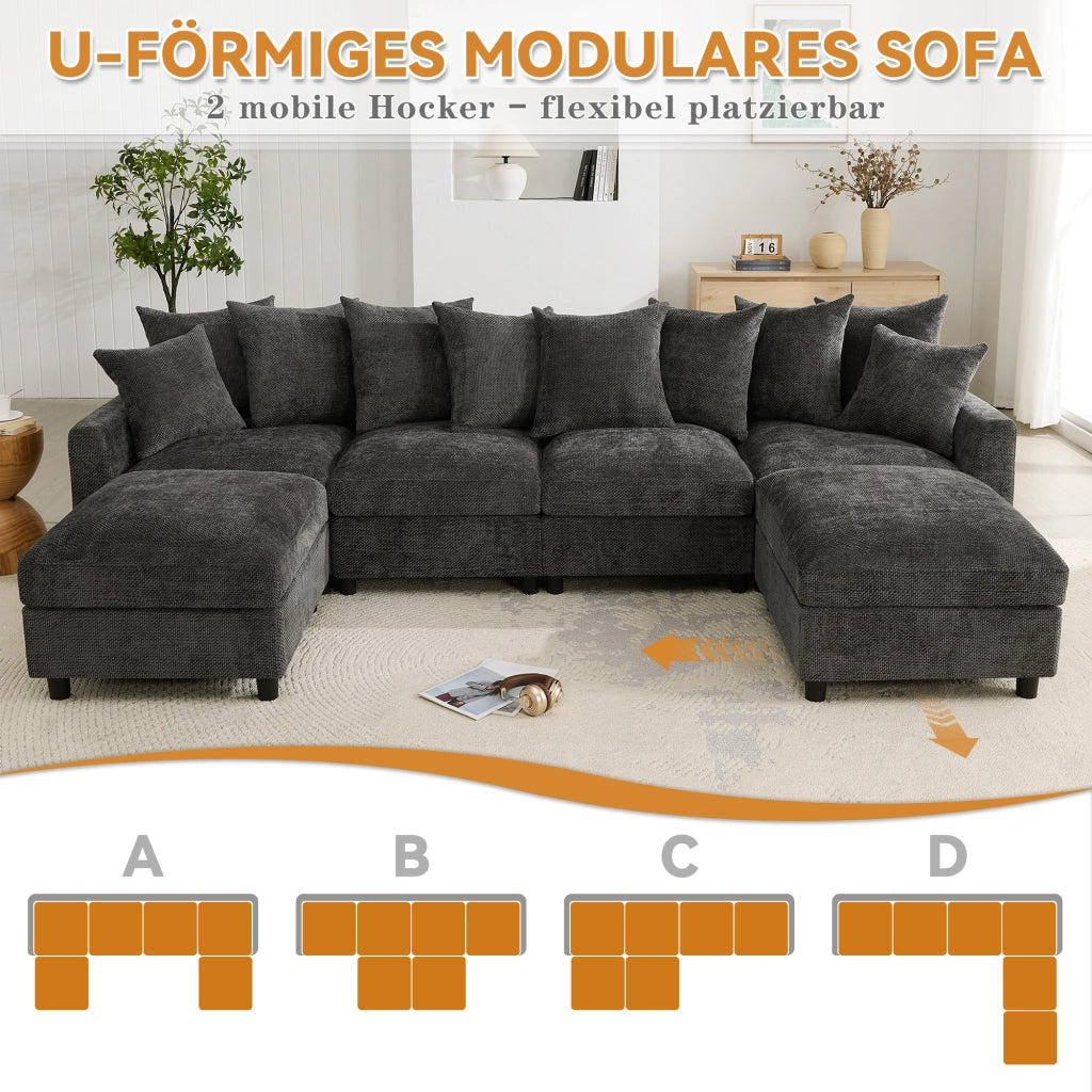 SOFA Modulare a U/L 6 Posti 283x153,5x78,5 cm Chenille Grigio