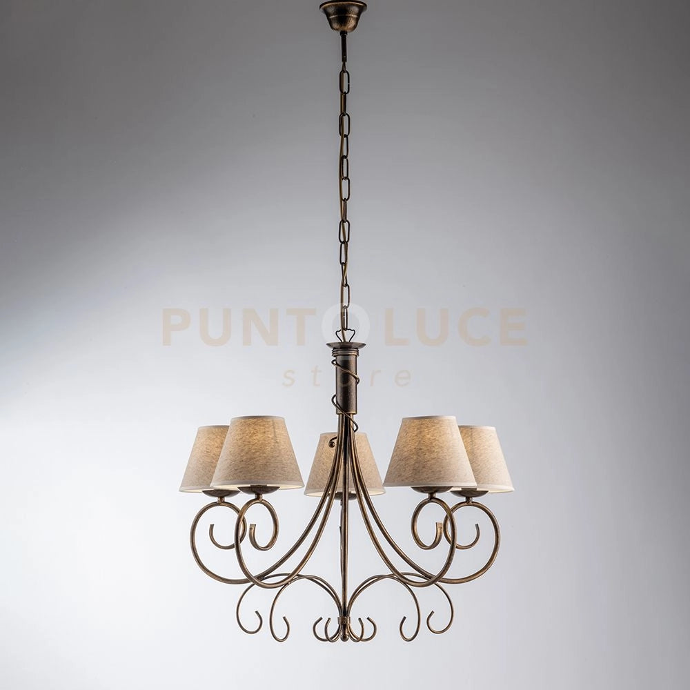 Lampadario in ferro laccato marrone con decorazione oro antico e paralumi diametro 13 in pvc effetto tessuto juta 5 luci