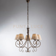 Lampadario in ferro laccato marrone con decorazione oro antico e paralumi diametro 13 in pvc effetto tessuto juta 5 luci