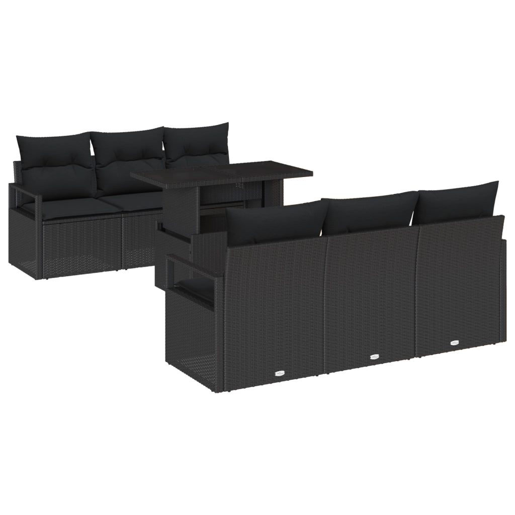 Set divani da giardino 7 pezzi con cuscini Nero Polirattan
