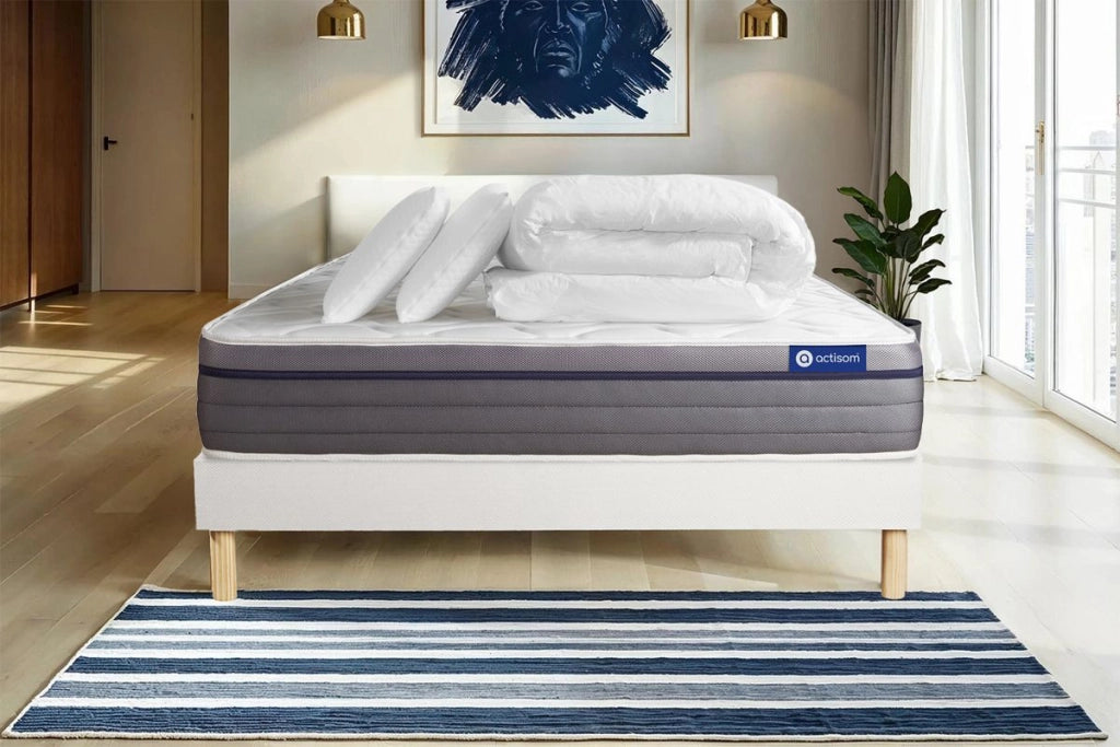 Pacchetto letto completo - Materasso 200x200cm + Box spring con doghe (kit) + 2 cuscini + Piumino - Actiflex Zen