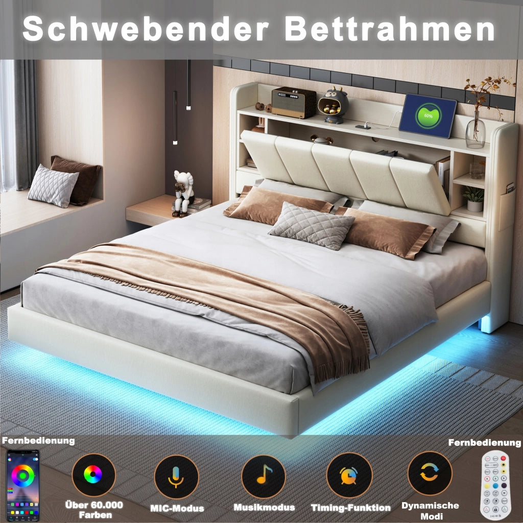 Letto imbottito matrimoniale - Xylo - 160x200 - beige - USB e illuminazione