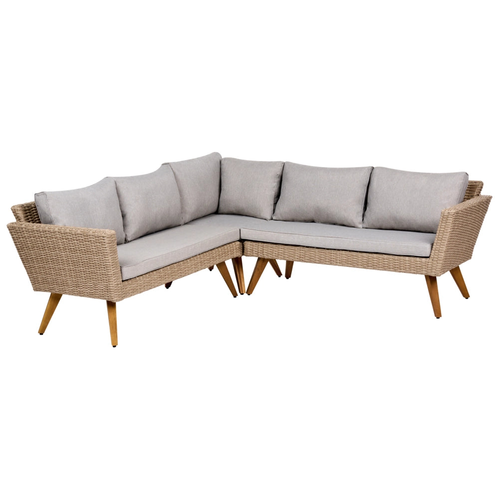 Set da giardino in rattan PE chiaro, divano angolare a 6 posti con cuscini grigi e tavolino da caffè, stile country per esterni