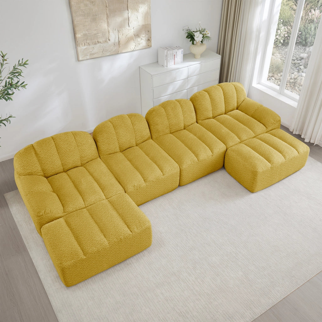 Divano angolare modulare a U 4 posti con 2 ottomani in pile granulato giallo per soggiorno 366 × 165 × 79 cm