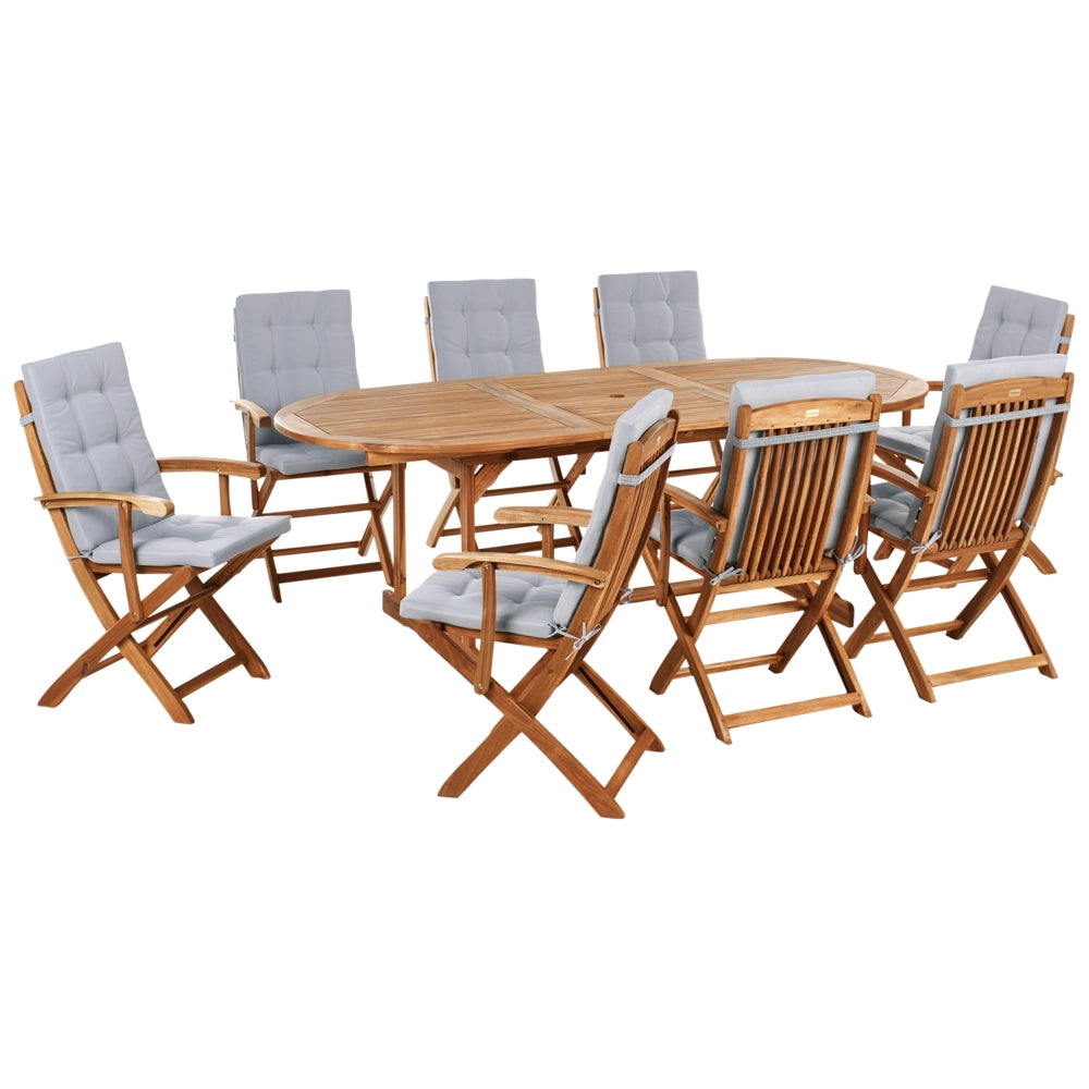 Set da pranzo da giardino con tavolo ovale sedie pieghevoli con cuscini grigio chiaro a 8 posti Maui design rustico