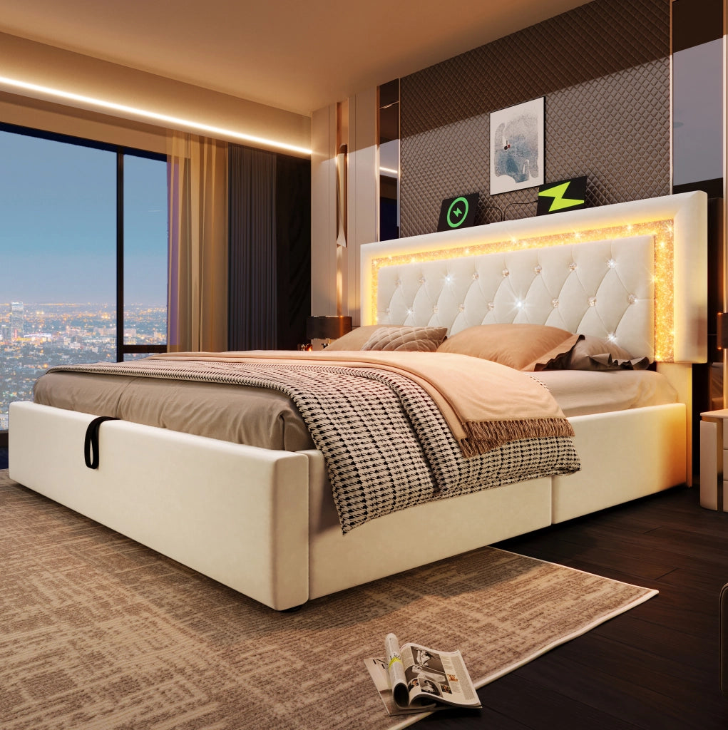 Letto imbottito 140x200 cm con contenitore; LED e ricarica USB Type-C in velluto beige