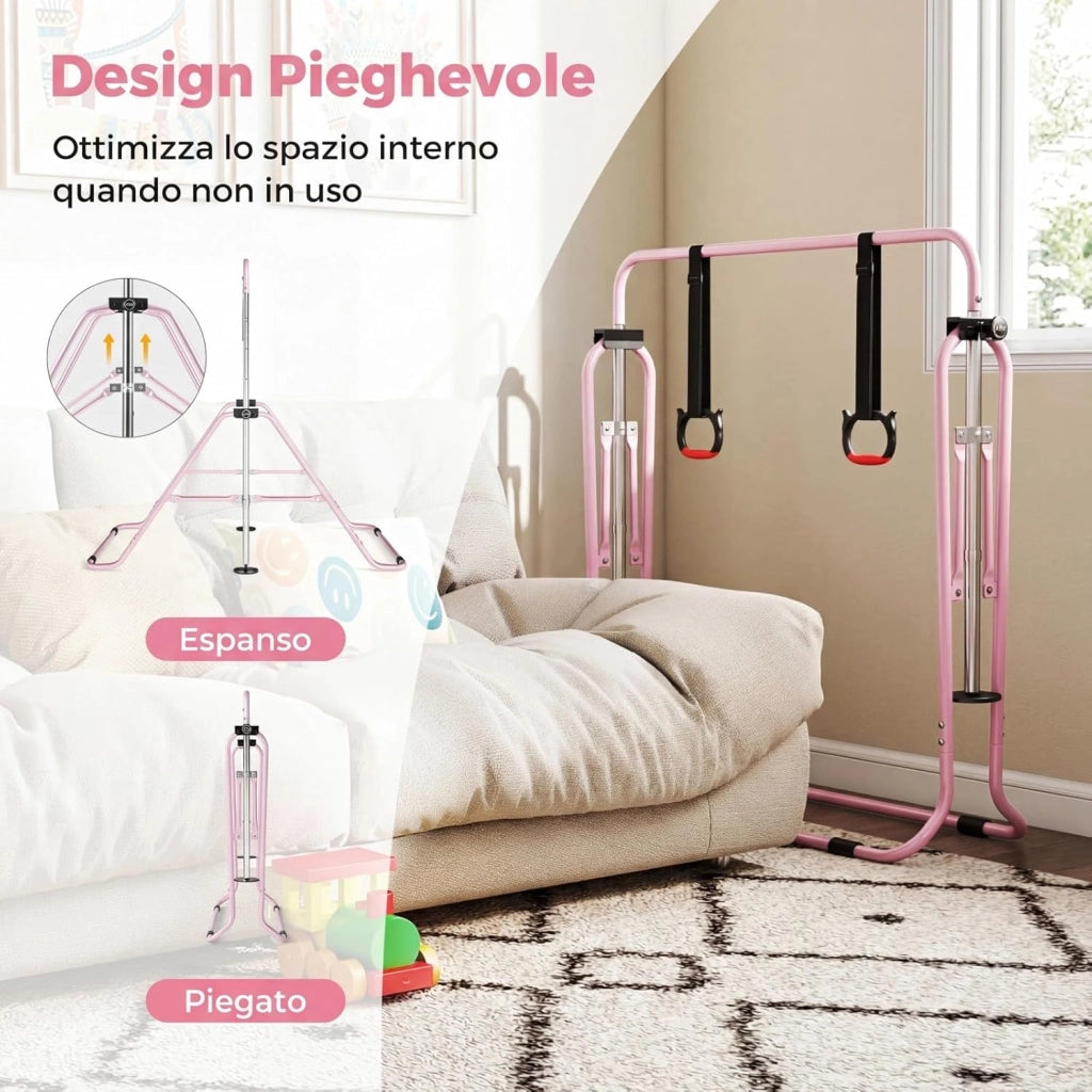 COSTWAY Sbarra Ginnastica Pieghevole per Bambini, Barra Ginnastica per Casa Regolabile a 4 Livelli con Anelli e Cuscinetti Antiscivolo, Attrezzatura Ginnastica per Bambini 3-12 Anni