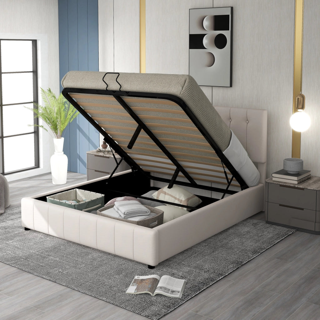 Letto Contenitore 140x200 cm; con Alzata Idraulica; Testiera Imbottita e Velluto Crema