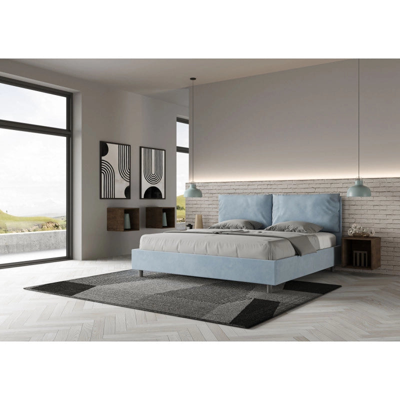 Letto imbottito Matrimoniale 190x200 cm Large - Con rete,Microfibra,Azzurro