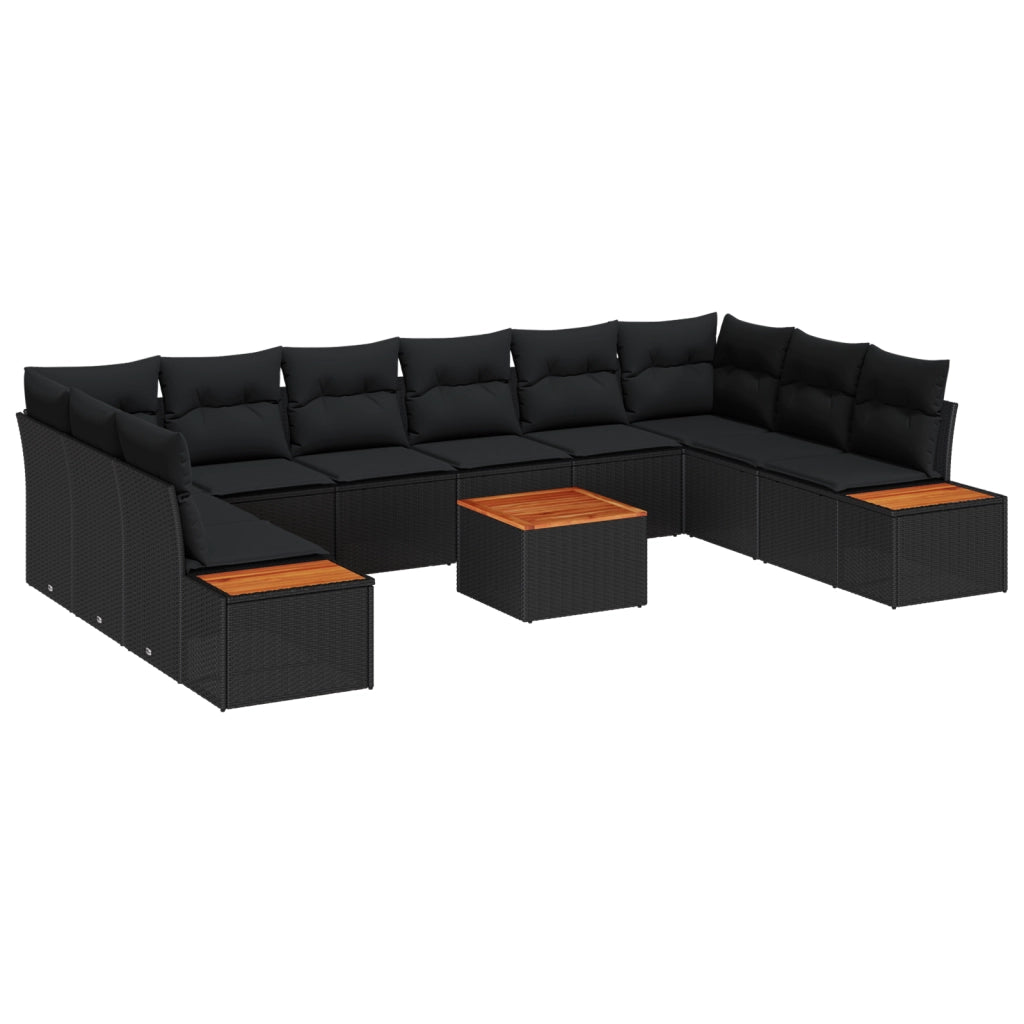 Set Divano da Giardino da 11 Pezzi con Cuscini Nero Polyrattan Acacia