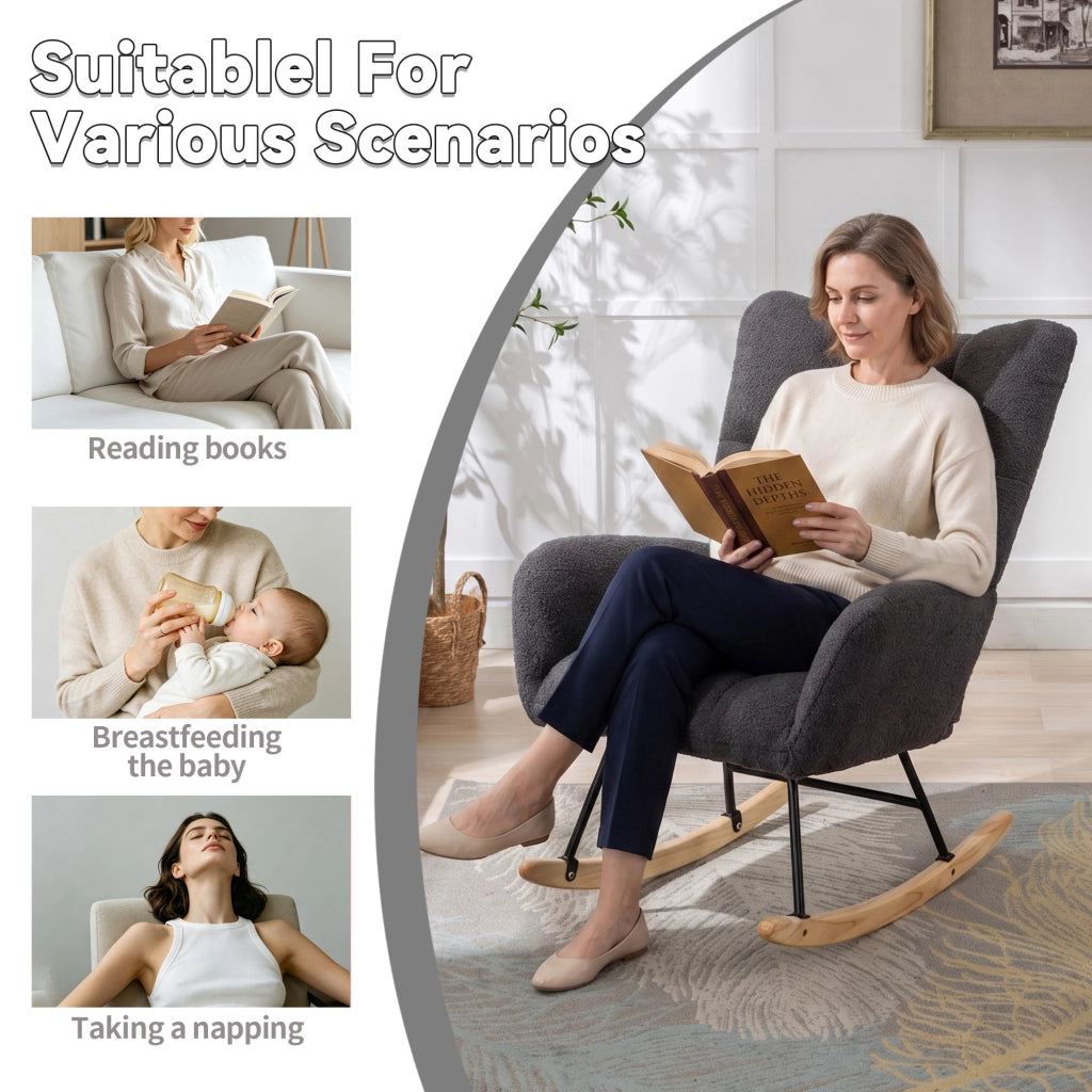 Sedia a dondolo in tessuto teddy con design ergonomico base in legno massiccio e struttura in metallo grigio
