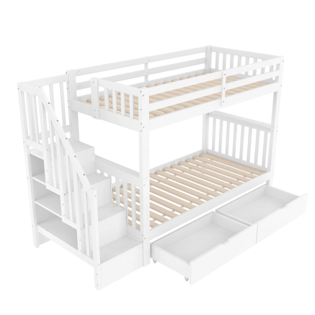 Letto a castello 90x200 cm con scala contenitore; 2 cassetti; sponde alte; bianco