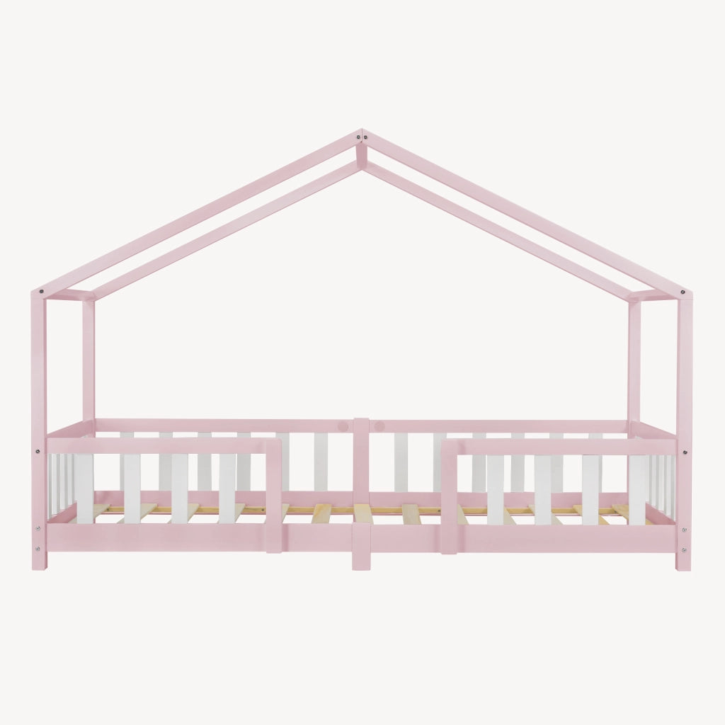 Letto per Cameretta Treviolo a Forma di Casetta in Stile Montessori 90x200 cm Rosa/Bianco [en.casa]