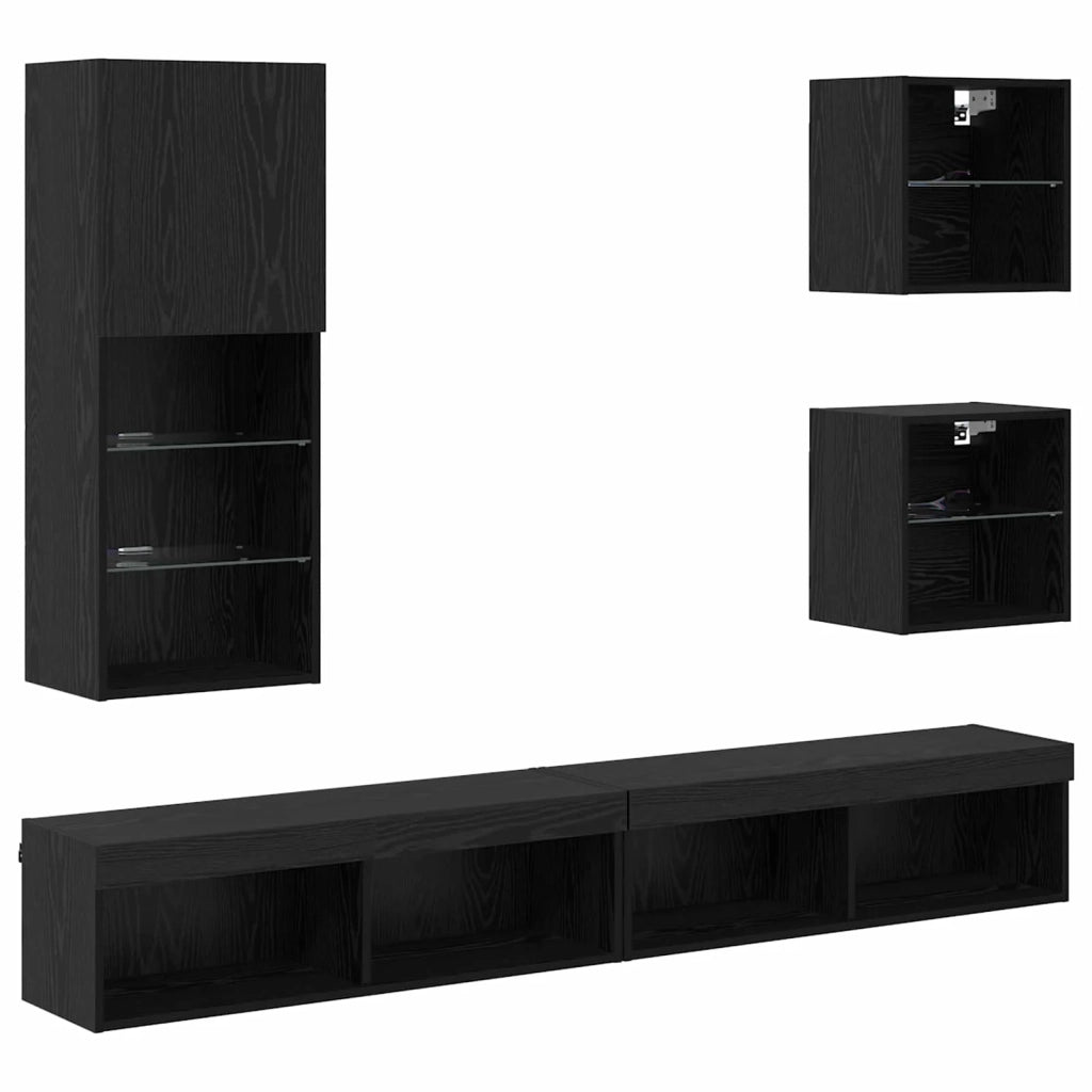 Unità a muro per TV con LED 5 pcs Rovere Nero Legno multistrato