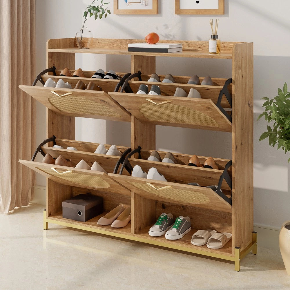Scarpiera in Legno con Ante in Rattan e Ripiani ¨C MINIMAL ¨C 4 Ante, Metallo