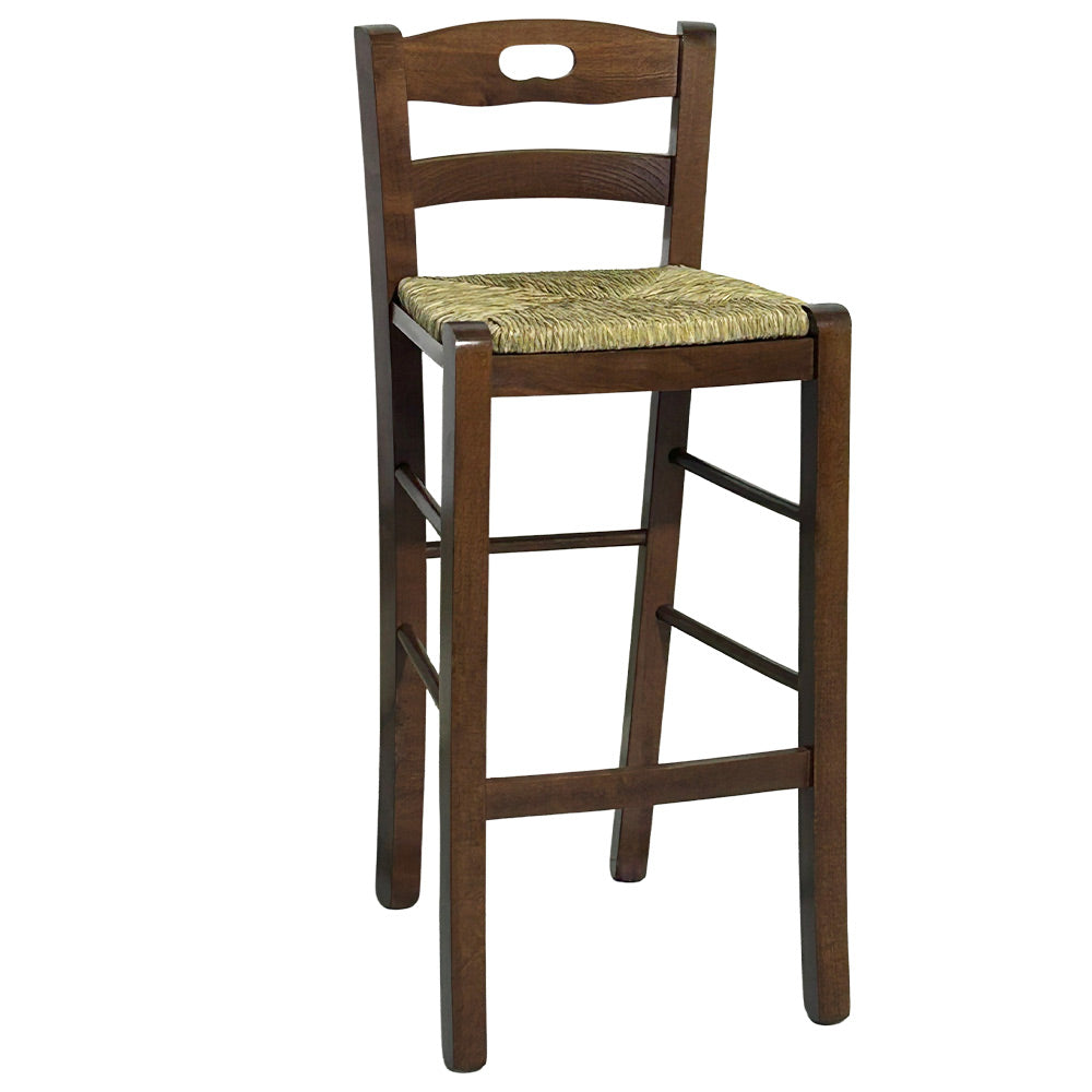 Sgabello in legno con manico nello schienale h66 noce scuro seduta in paglia