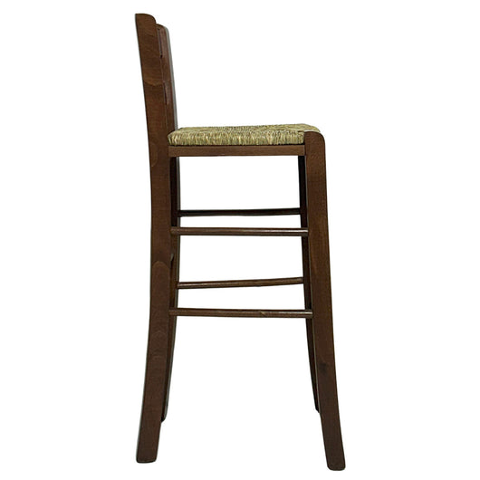 Sgabello in legno con manico nello schienale h66 noce scuro seduta in paglia