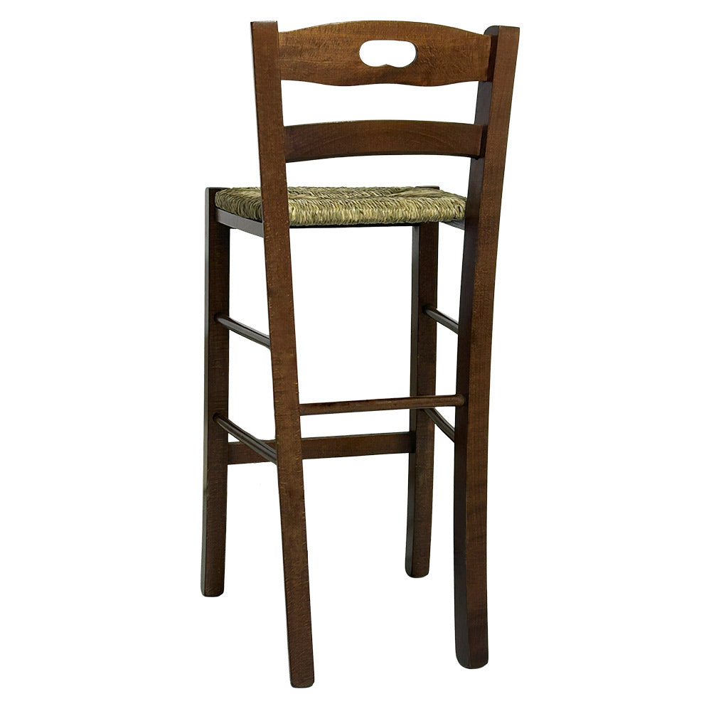 Sgabello in legno con manico nello schienale h66 noce scuro seduta in paglia