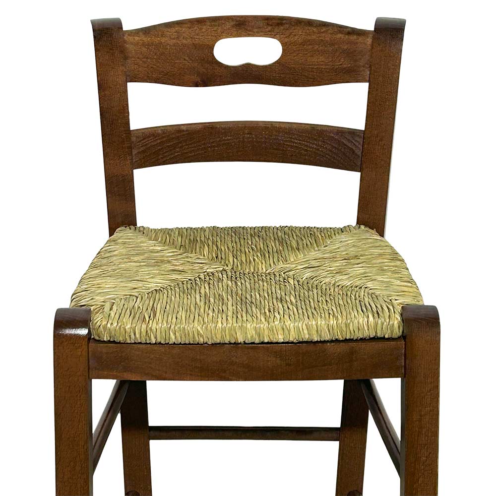 Sgabello in legno con manico nello schienale h66 noce scuro seduta in paglia