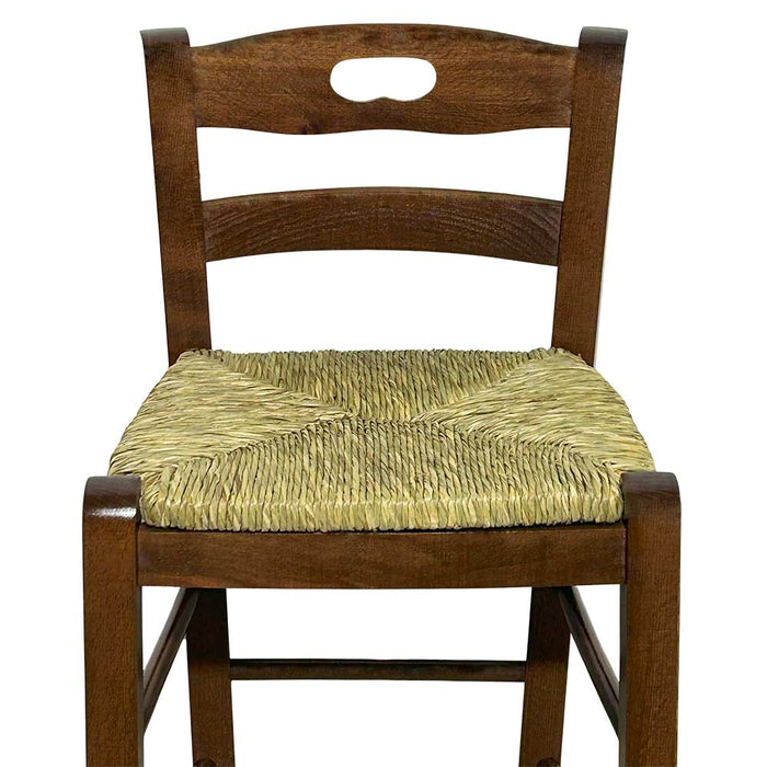 Sgabello in legno con manico nello schienale h66 noce scuro seduta in paglia