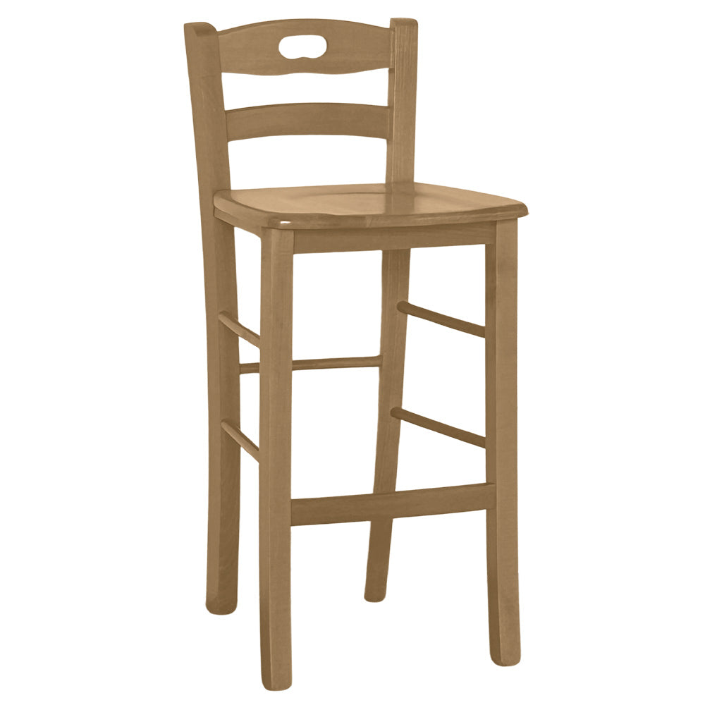 Sgabello di legno h66cm con schienale con manico con seduta massello noce chiaro