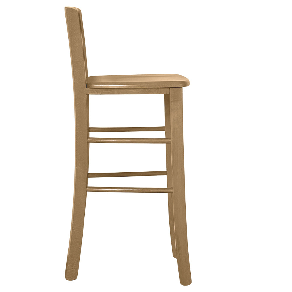 Sgabello di legno h66cm con schienale con manico con seduta massello noce chiaro