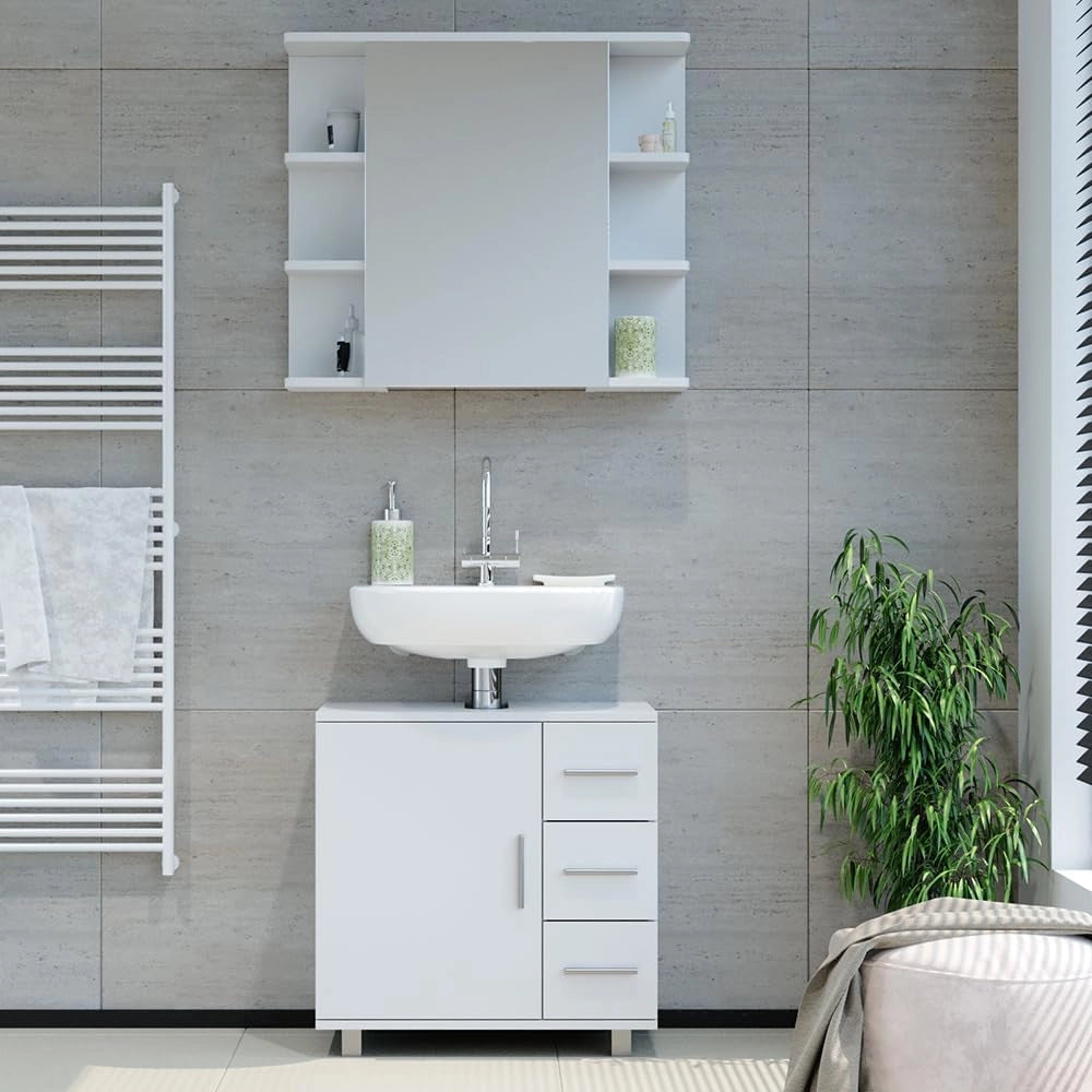 Set mobili bagno Ilias, Bianco, 60 cm, composto da specchio da bagno e mobile sottolavabo