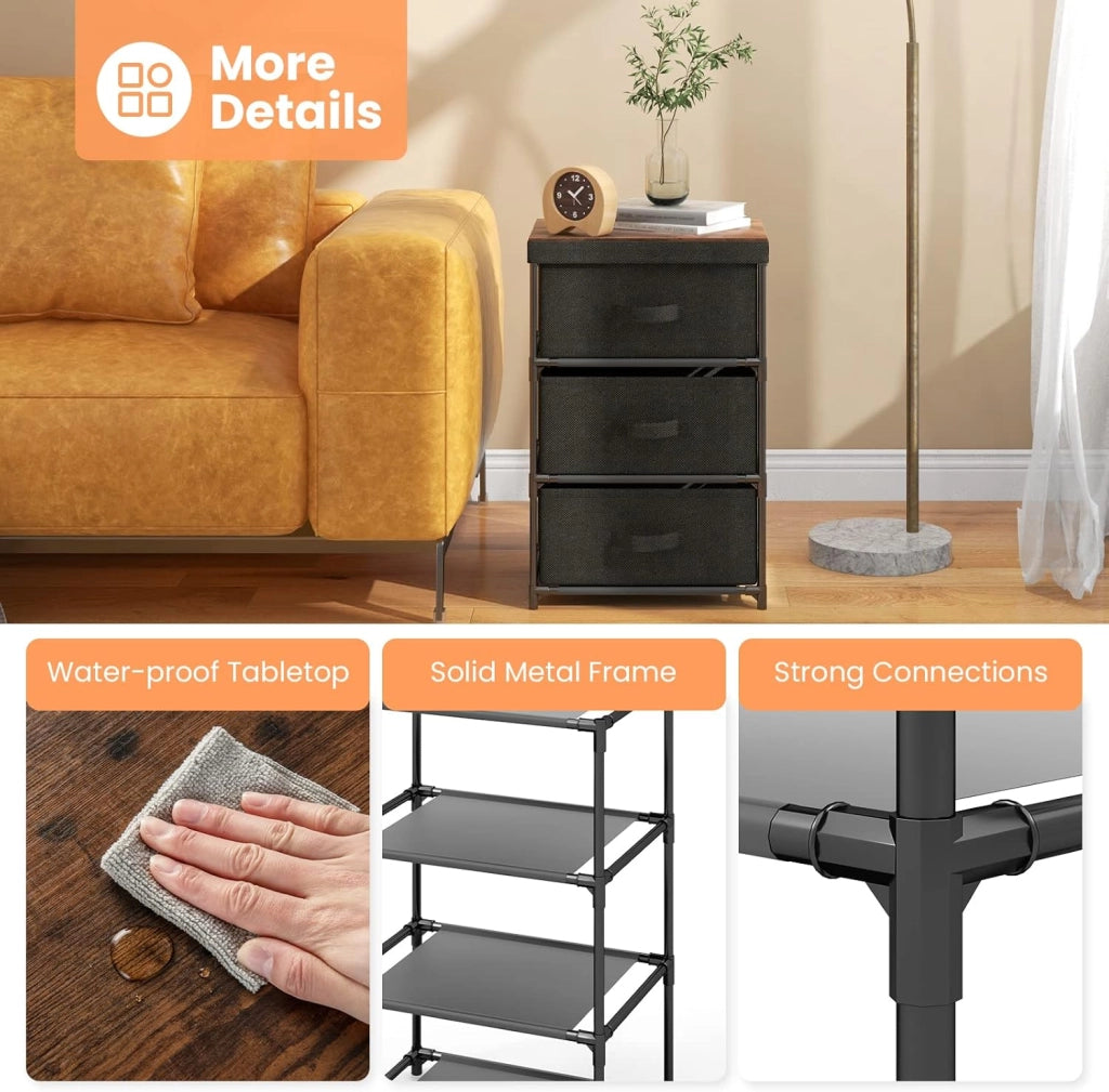 Armadietto a 3 Cassetti, Cassettiera Verticale con Contenitori in Tessuto Pieghevoli e Rimovibili, Comò in Stile Industriale per Camera da Letto, Soggiorno e Ufficio, Nero (Nero 2)