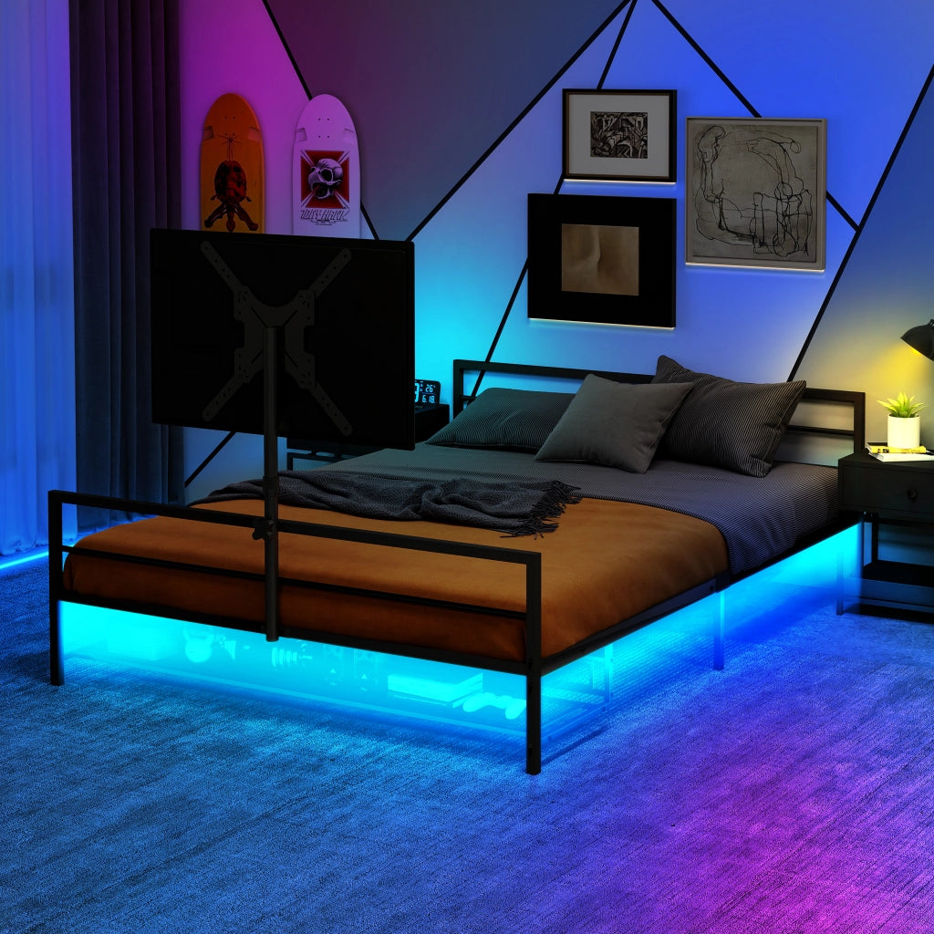 Letto per adulti in metallo nero con supporto monitor regolabile, luci LED e cestino, senza materasso